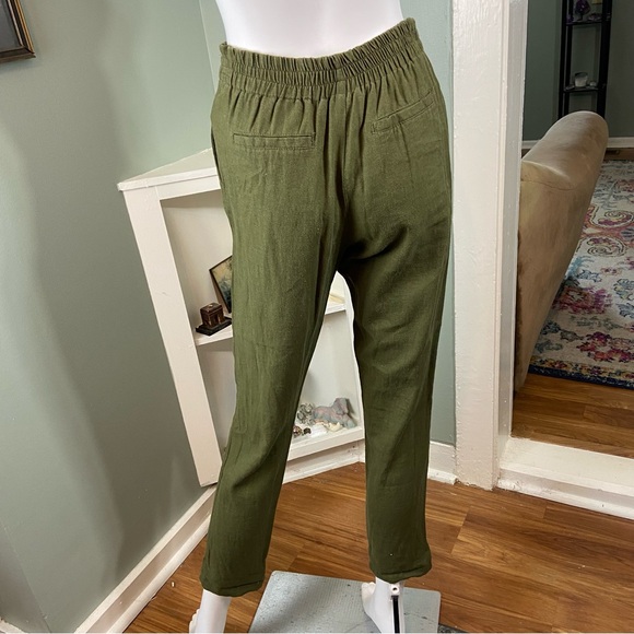 Forever 21 army green Linen blend Tie-Waist Cropped Pants tapered paper bag S - Picture 7 of 12